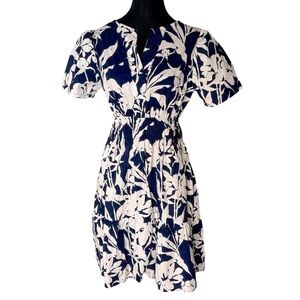 VIANOVA ITALY New Navy Blue Cream Floral Puffy Shoulder Midi Dress Cotton Size S